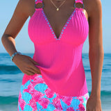 Tankini Canelado Com Argolas Nas Alças E Saia Estampada Moderna