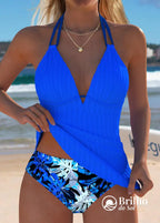 Tankini Canelado Com Decote Transpassado E Alças Duplas Fashion Azul / PP Tankini Canelado Com Decote Transpassado E