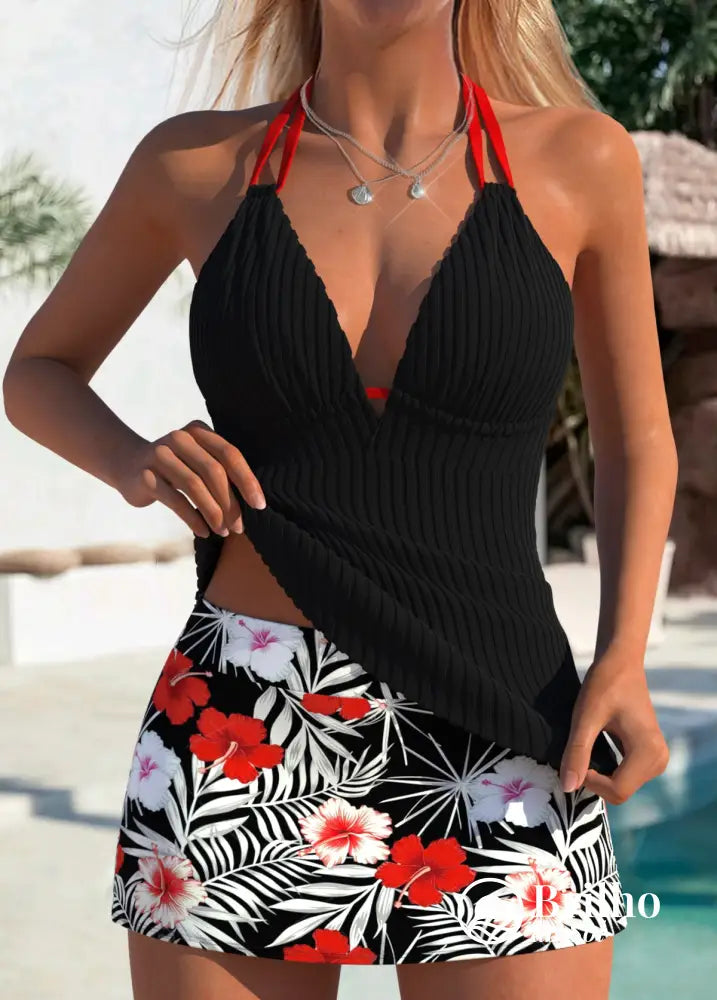 Tankini Canelado Com Decote Transpassado E Alças Duplas Fashion Preto / PP Tankini Canelado Com Decote Transpassado E