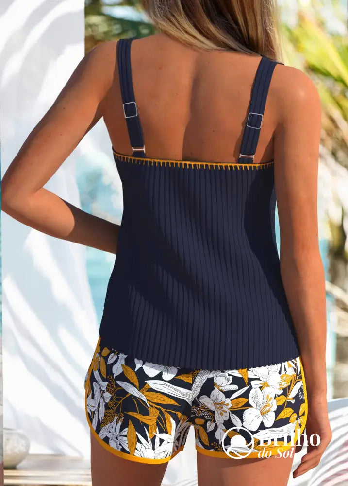 Tankini Canelado Com Decote V E Short Estampado Casual Tankini Canelado Com Decote V E Short Estampado Casual