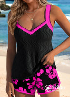 Tankini Canelado Com Decote V E Short Estampado Casual Tankini Canelado Com Decote V E Short Estampado Casual