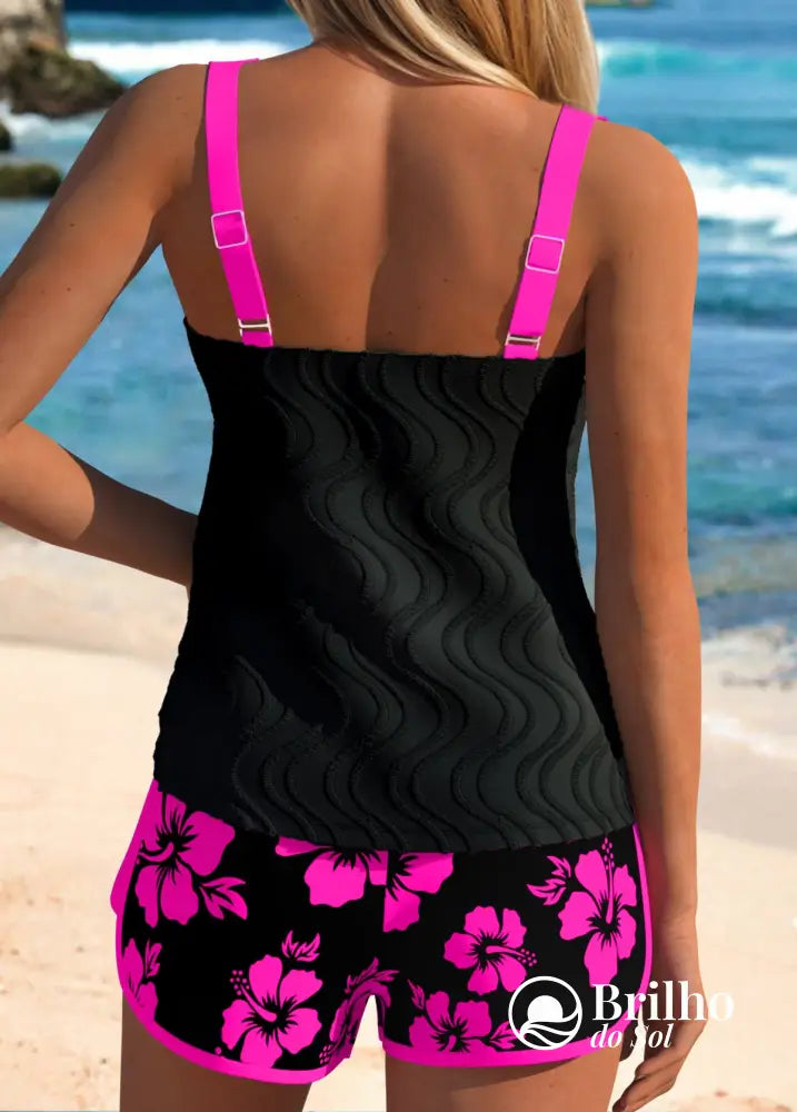 Tankini Canelado Com Decote V E Short Estampado Casual Tankini Canelado Com Decote V E Short Estampado Casual