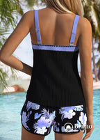 Tankini Canelado Com Decote V E Short Estampado Casual Tankini Canelado Com Decote V E Short Estampado Casual