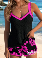 Tankini Canelado Com Decote V E Short Estampado Casual Rosa Choque / PP Tankini Canelado Com Decote V E Short Estampado