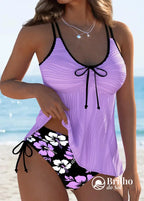 Tankini Canelado Com Laço Frontal E Estampa Paisley Elegante Tankini Canelado Com Laço Frontal E Estampa Paisley