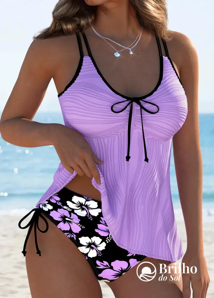 Tankini Canelado Com Laço Frontal E Estampa Paisley Elegante Tankini Canelado Com Laço Frontal E Estampa Paisley