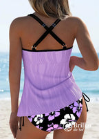 Tankini Canelado Com Laço Frontal E Estampa Paisley Elegante Tankini Canelado Com Laço Frontal E Estampa Paisley