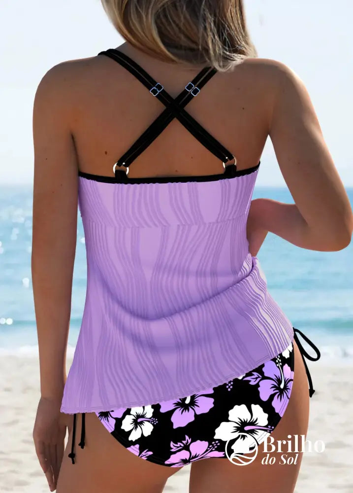 Tankini Canelado Com Laço Frontal E Estampa Paisley Elegante Tankini Canelado Com Laço Frontal E Estampa Paisley