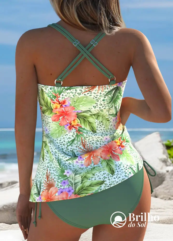Tankini Canelado Com Laço Frontal E Estampa Paisley Elegante Tankini Canelado Com Laço Frontal E Estampa Paisley