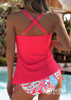 Tankini Canelado Com Laço Frontal E Estampa Paisley Elegante Tankini Canelado Com Laço Frontal E Estampa Paisley