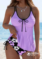 Tankini Canelado Com Laço Frontal E Estampa Paisley Elegante Roxo / PP Tankini Canelado Com Laço Frontal E Estampa
