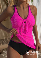 Tankini Canelado Com Laço Frontal E Estampa Tropical Fashion Tankini Canelado Com Laço Frontal E Estampa Tropical