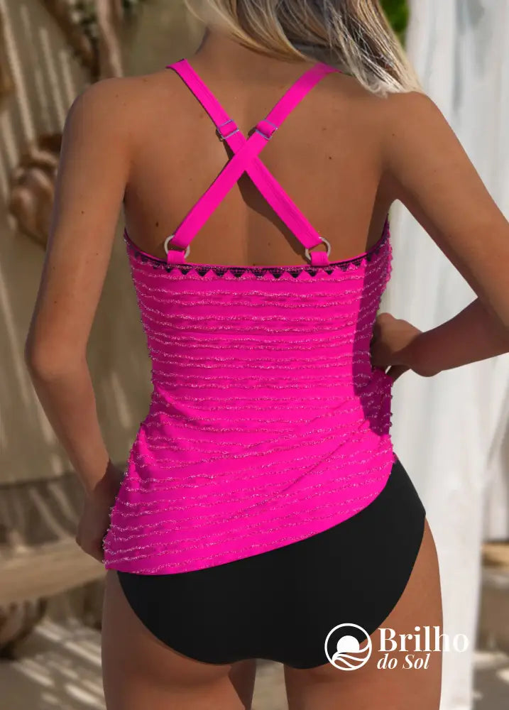 Tankini Canelado Com Laço Frontal E Estampa Tropical Fashion Tankini Canelado Com Laço Frontal E Estampa Tropical