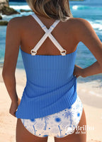 Tankini Canelado Com Laço Frontal E Estampa Tropical Fashion Tankini Canelado Com Laço Frontal E Estampa Tropical