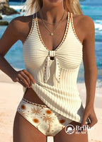 Tankini Canelado Com Laço Frontal E Estampa Tropical Fashion Bege / PP Tankini Canelado Com Laço Frontal E Estampa
