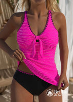 Tankini Canelado Com Laço Frontal E Estampa Tropical Fashion Rosa Choque / PP Tankini Canelado Com Laço Frontal E