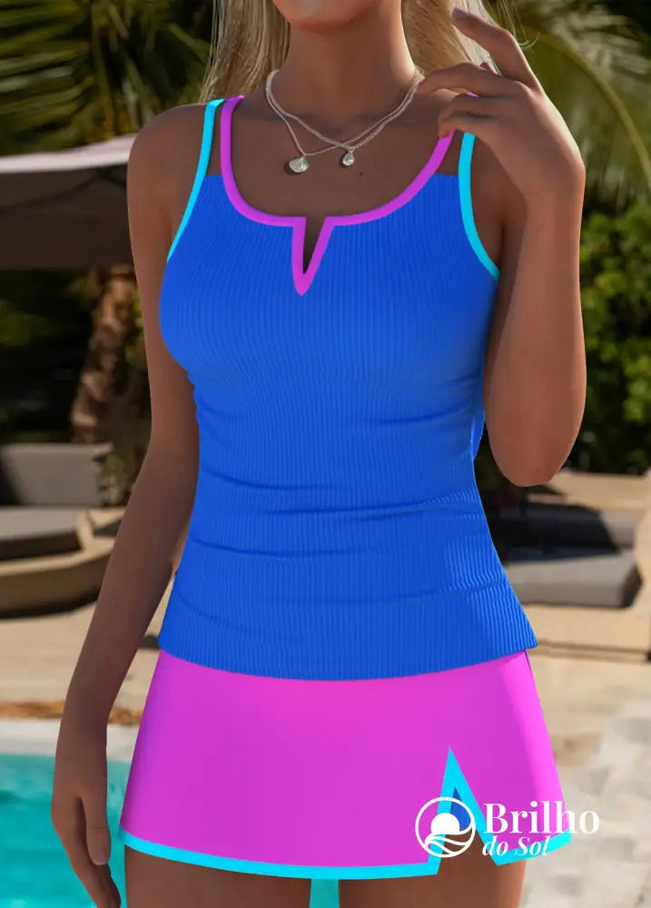 Tankini Canelado Com Recorte Frontal E Saia Assimétrica Moderna Tankini Canelado Com Recorte Frontal E Saia Assimétrica