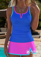 Tankini Canelado Com Recorte Frontal E Saia Assimétrica Moderna Azul-púrpura / PP Tankini Canelado Com Recorte Frontal