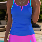 Tankini Canelado Com Recorte Frontal E Saia Assimétrica Moderna