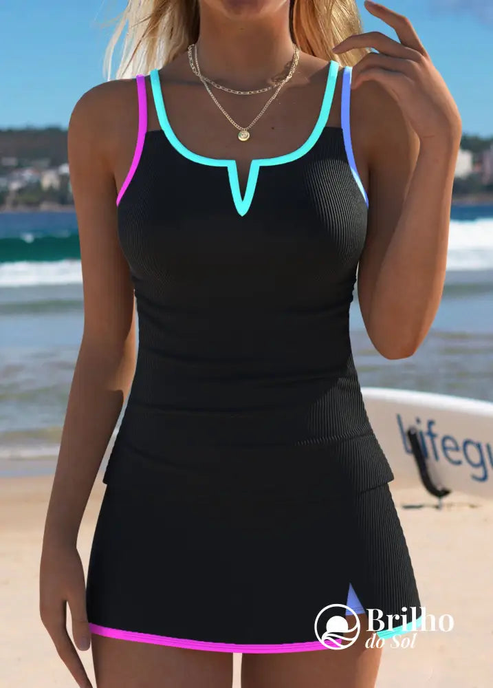 Tankini Canelado Com Recorte Frontal E Saia Assimétrica Moderna Preto / PP Tankini Canelado Com Recorte Frontal E Saia