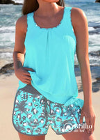 Tankini Canelado Com Regata Solta E Short Estampado Casual Tankini Canelado Com Regata Solta E Short Estampado Casual