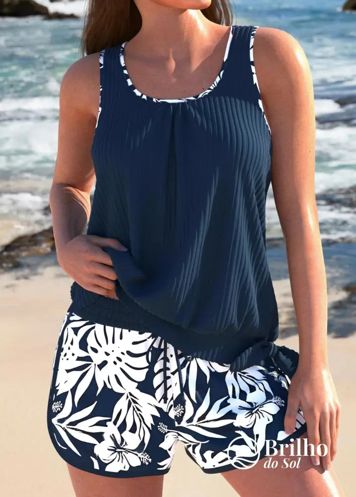 Tankini Canelado Com Regata Solta E Short Estampado Casual Tankini Canelado Com Regata Solta E Short Estampado Casual