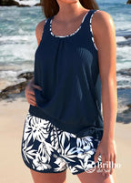 Tankini Canelado Com Regata Solta E Short Estampado Casual Azul Marinho / PP Tankini Canelado Com Regata Solta E Short