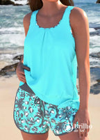 Tankini Canelado Com Regata Solta E Short Estampado Casual Ciano / PP Tankini Canelado Com Regata Solta E Short