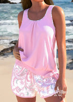Tankini Canelado Com Regata Solta E Short Estampado Casual Rosa / PP Tankini Canelado Com Regata Solta E Short