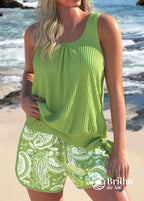 Tankini Canelado Com Regata Solta E Short Estampado Casual Verde / PP Tankini Canelado Com Regata Solta E Short
