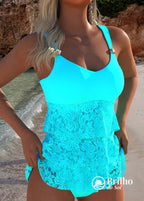 Tankini Com Babados De Renda E Alças Largas Moderno Ciano / PP Tankini Com Babados De Renda E Alças Largas Moderno