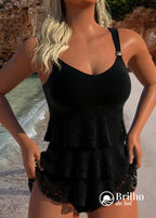Tankini Com Babados De Renda E Alças Largas Moderno Preto / PP Tankini Com Babados De Renda E Alças Largas Moderno