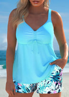 Tankini Com Top De Amarração E Shortinho Floral Ciano / PP Tankini Com Top De Amarração E Shortinho Floral