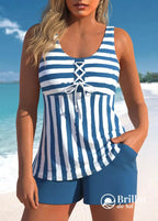 Tankini Degradê Com Amarração Frontal E Bermuda De Praia Azul / PP Tankini Degradê Com Amarração Frontal E Bermuda De