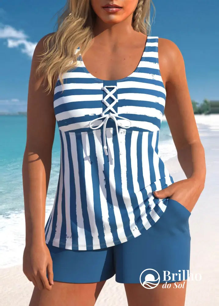 Tankini Degradê Com Amarração Frontal E Bermuda De Praia Azul / PP Tankini Degradê Com Amarração Frontal E Bermuda De