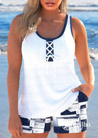 Tankini Degradê Com Amarração Frontal E Bermuda De Praia Branco / PP Tankini Degradê Com Amarração Frontal E Bermuda De