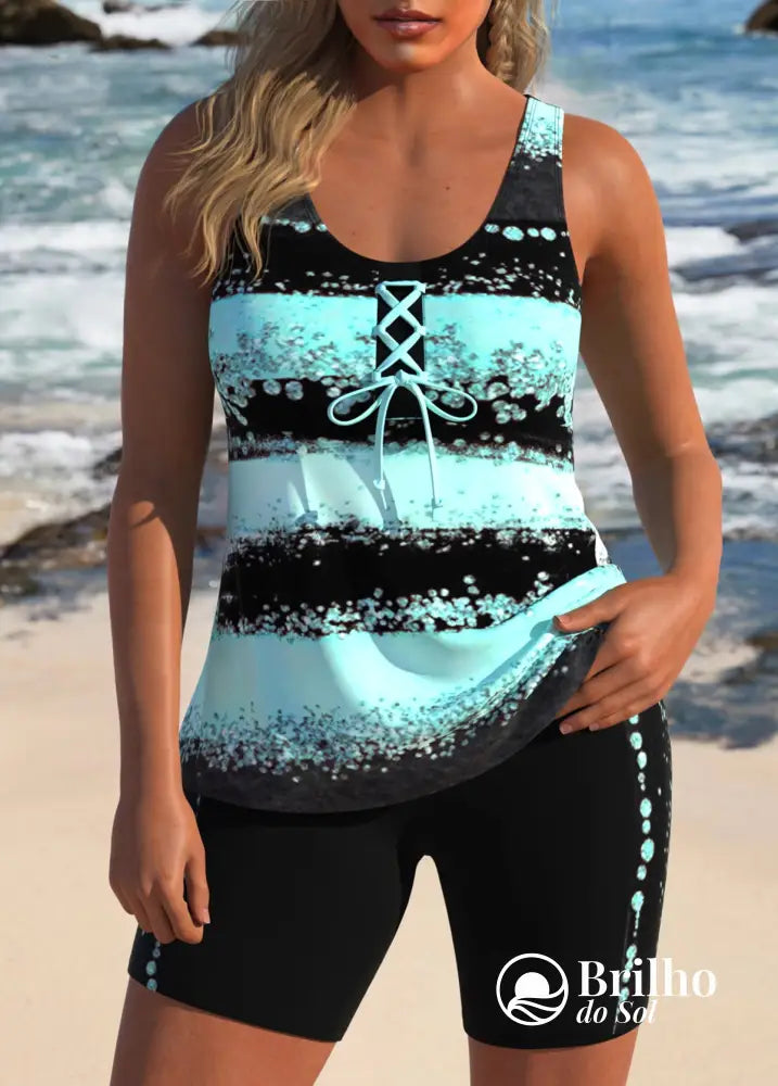 Tankini Degradê Com Amarração Frontal E Bermuda De Praia Verde Menta / PP Tankini Degradê Com Amarração Frontal E