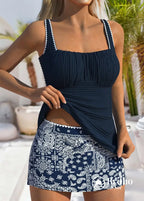 Tankini Drapeado Com Alças Largas E Saia Estampada Charmosa Tankini Drapeado Com Alças Largas E Saia Estampada Charmosa