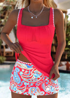Tankini Drapeado Com Alças Largas E Saia Estampada Charmosa Tankini Drapeado Com Alças Largas E Saia Estampada Charmosa