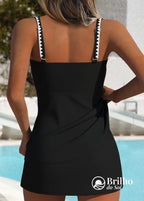 Tankini Drapeado Com Alças Largas E Saia Floral Elegante Tankini Drapeado Com Alças Largas E Saia Floral Elegante