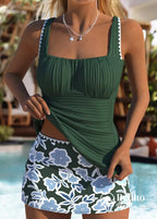 Tankini Drapeado Com Alças Largas E Saia Floral Elegante Tankini Drapeado Com Alças Largas E Saia Floral Elegante