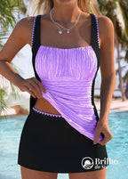 Tankini Drapeado Com Alças Largas E Saia Floral Elegante Roxo / PP Tankini Drapeado Com Alças Largas E Saia Floral