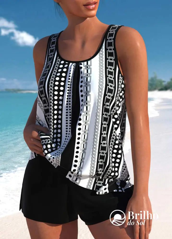 Tankini Estampado Com Regata Solta E Short Casual Tankini Estampado Com Regata Solta E Short Casual
