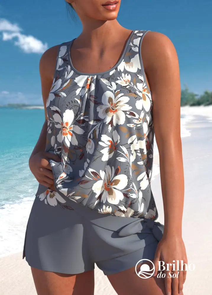 Tankini Estampado Com Regata Solta E Short Casual Tankini Estampado Com Regata Solta E Short Casual