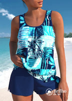 Tankini Estampado Com Regata Solta E Short Casual Ciano / PP Tankini Estampado Com Regata Solta E Short Casual