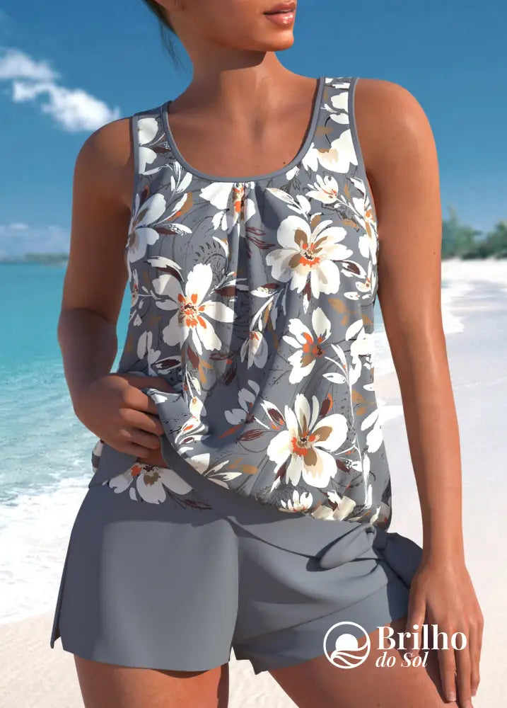 Tankini Estampado Com Regata Solta E Short Casual Cinza / PP Tankini Estampado Com Regata Solta E Short Casual