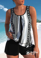 Tankini Estampado Com Regata Solta E Short Casual Preto e Branco / PP Tankini Estampado Com Regata Solta E Short Casual