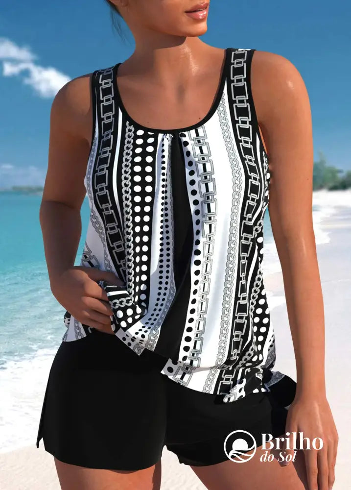 Tankini Estampado Com Regata Solta E Short Casual Preto e Branco / PP Tankini Estampado Com Regata Solta E Short Casual