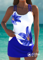 Tankini Floral Com Alças Duplas E Barra Ondulada Moderna Azul / PP Tankini Floral Com Alças Duplas E Barra Ondulada