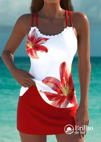 Tankini Floral Com Alças Duplas E Barra Ondulada Moderna Vermelho / PP Tankini Floral Com Alças Duplas E Barra Ondulada